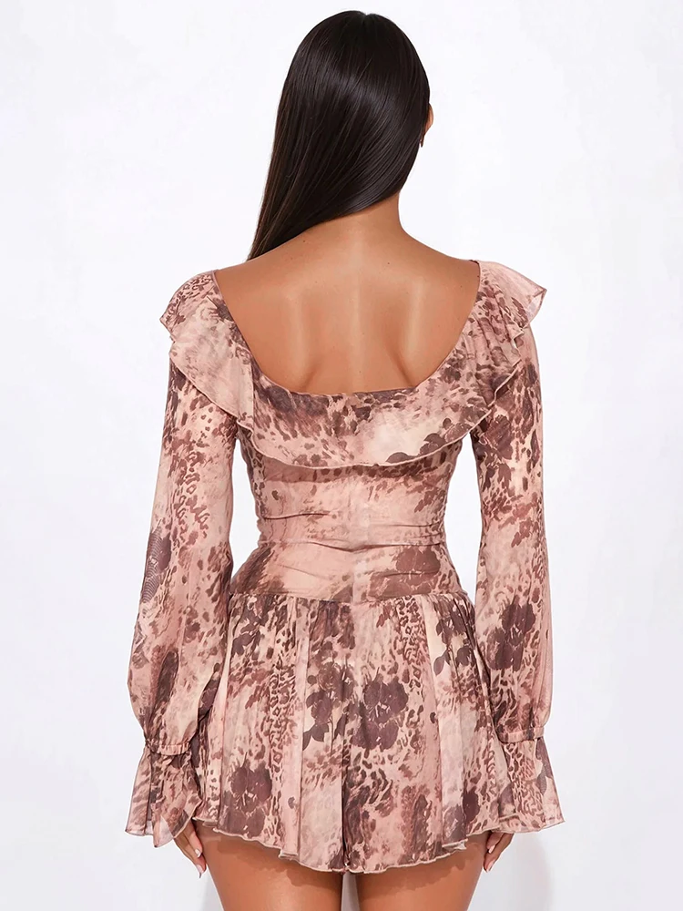 Robe imprimée léopard à volants pour femmes, transparente, Sexy, décolleté en v profond, manches évasées, costume de Club de fête de rue de minuit