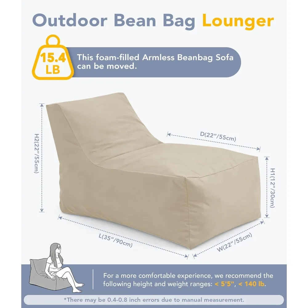 Small Outdoor Bean Bag Lounger with Shredded Foam Filling and Splash-Proof Zipper Cover for Patio Relaxation