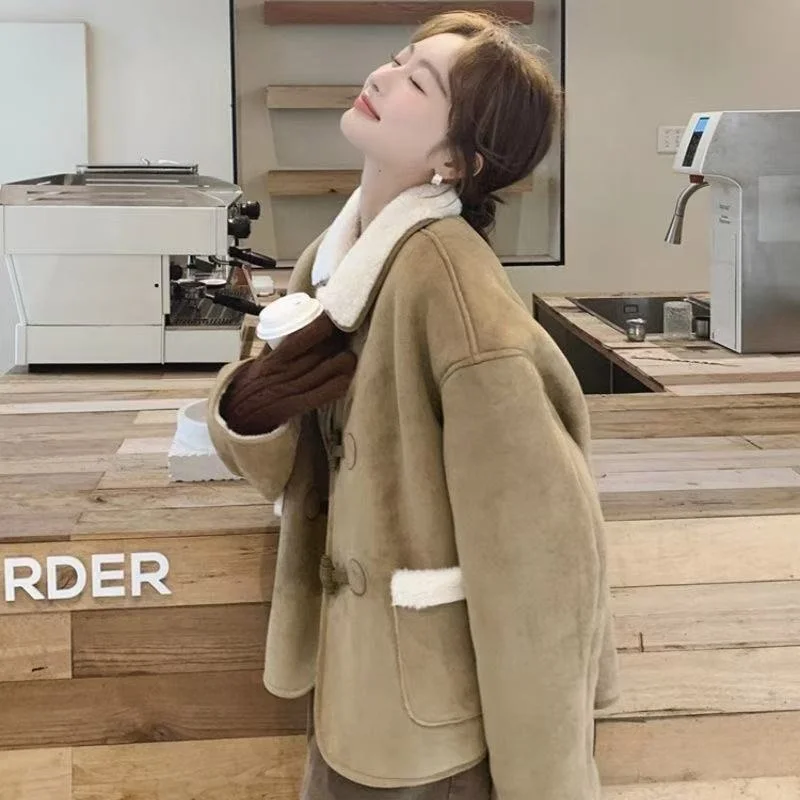 

Женское пальто из овечьей шерсти на осень-зиму, новое, в корейском стиле, для колледжа, с эффектом омоложения, из утолщенного полиэфирного волокна, с откидным воротником