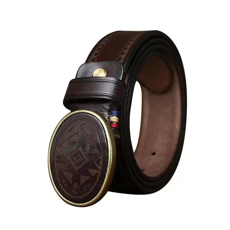 Men's genuine top-grain leather belt with vintage laser-engraved patterns, trendy versatile plate buckle and smooth buckle