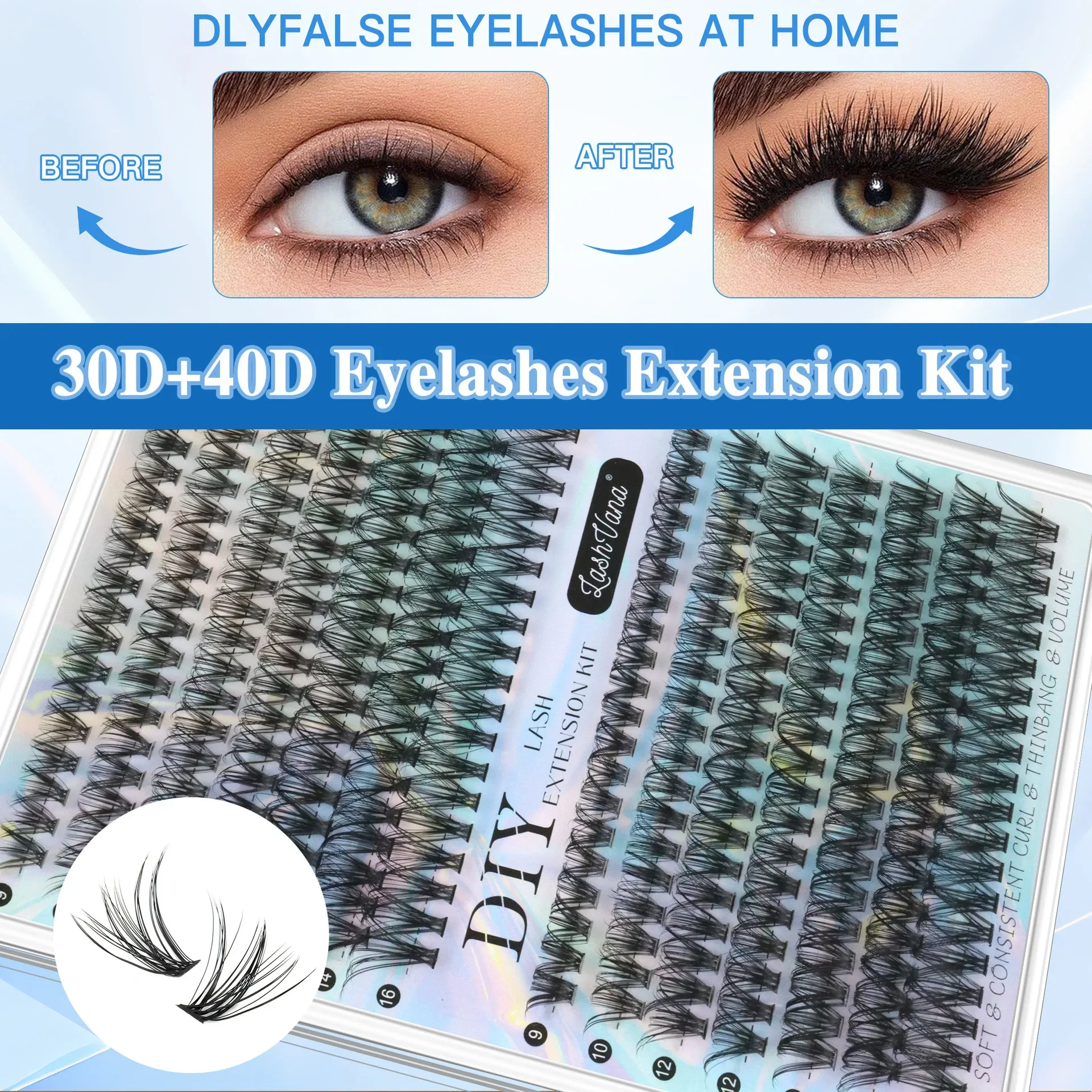DIY Eyelash Extension Kit 30D/40D Wispy Fluffy Cluster False Eyelashes with Individual Lashes And Applicator Tools Fluffy Look