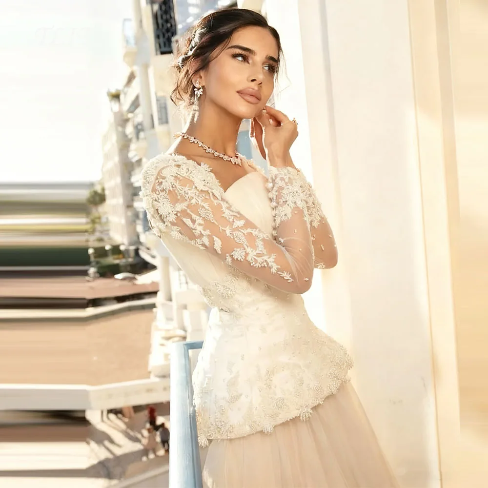 

TLIT винтажные кружевные свадебные платья трапециевидной формы, свадебные платья без бретелек, свадебные платья с кружевными рукавами и жемчугом, 2026 для свадьбы американской женщины