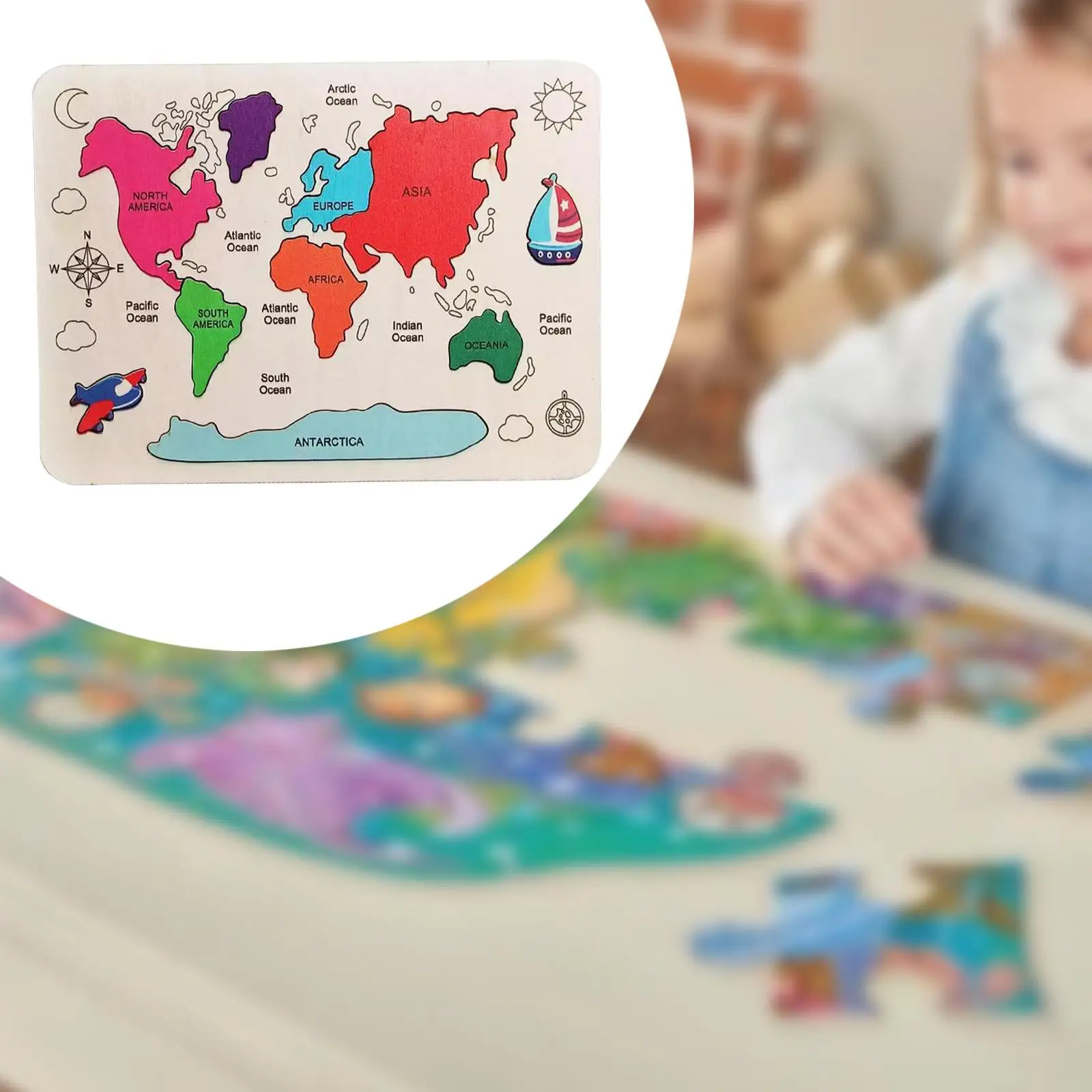 Houten puzzel Kleurrijke continent legpuzzel Peuters Kinderen