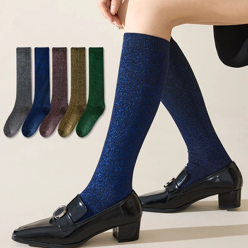 1/5Pairs Shiny Sparkling Gold Silver Silk Calf Socks For Women Trendy Long Tube Socks Silk Pile Socks Breathable Elastic Socks
