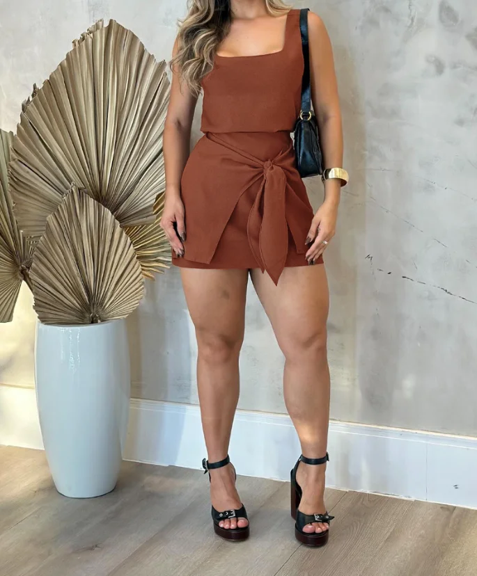 Summer Women Skirts Outfits 2 Pieces Sets Women's Fashion Square Neck Sleeveless Lace-Up Zipper Casual Skirt Sets