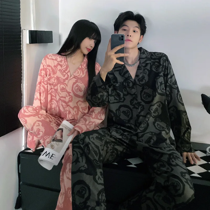 Couple Pajamas Suit Spring Long Sleeve Long Pant Home Cloth Men Ice Silk Thin Large Size Sleepwear Set Women Cardigan Sleepwear