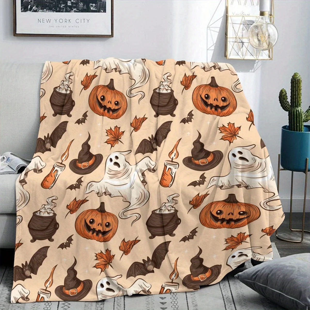 Newest Little Boo Ghost Pumpkin Moon Halloween Flannel Throw Blanket, Cute Cartoon Holiday Blanket for Bedroom Sofa