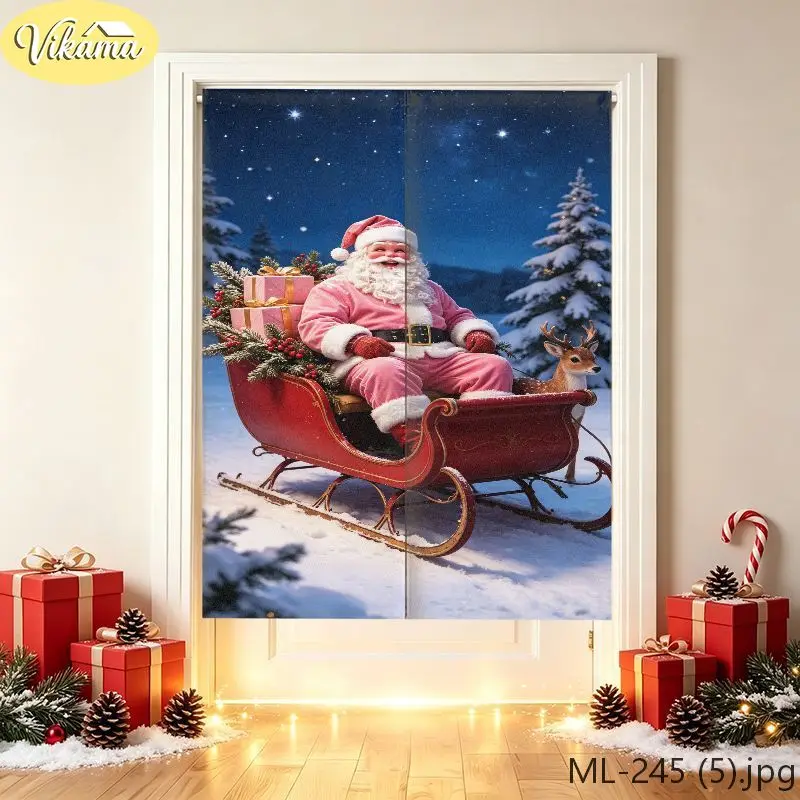 VIKAMA Pink Santa Gift Christmas Door Curtain, HD Print Easy Hang Festive Door Cover, Winter Holiday Front Door Decor