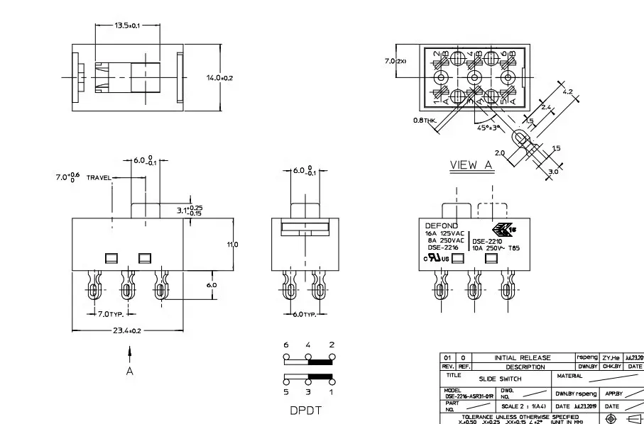 1~5pcs/lot fluctuation of the 2-position 6-pin switch dual double-row 16A high-current sliding power switch