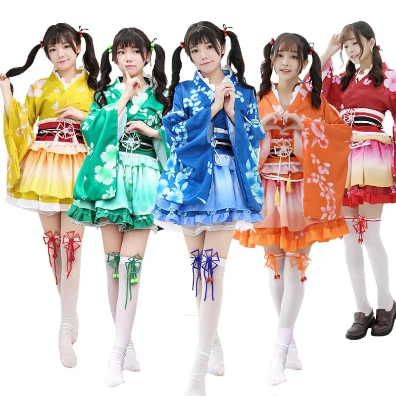 Japanese style anime yukata kimono Kawaii girl princess dress Sakura haori Lolita mini dresses women party dance cosplay costume