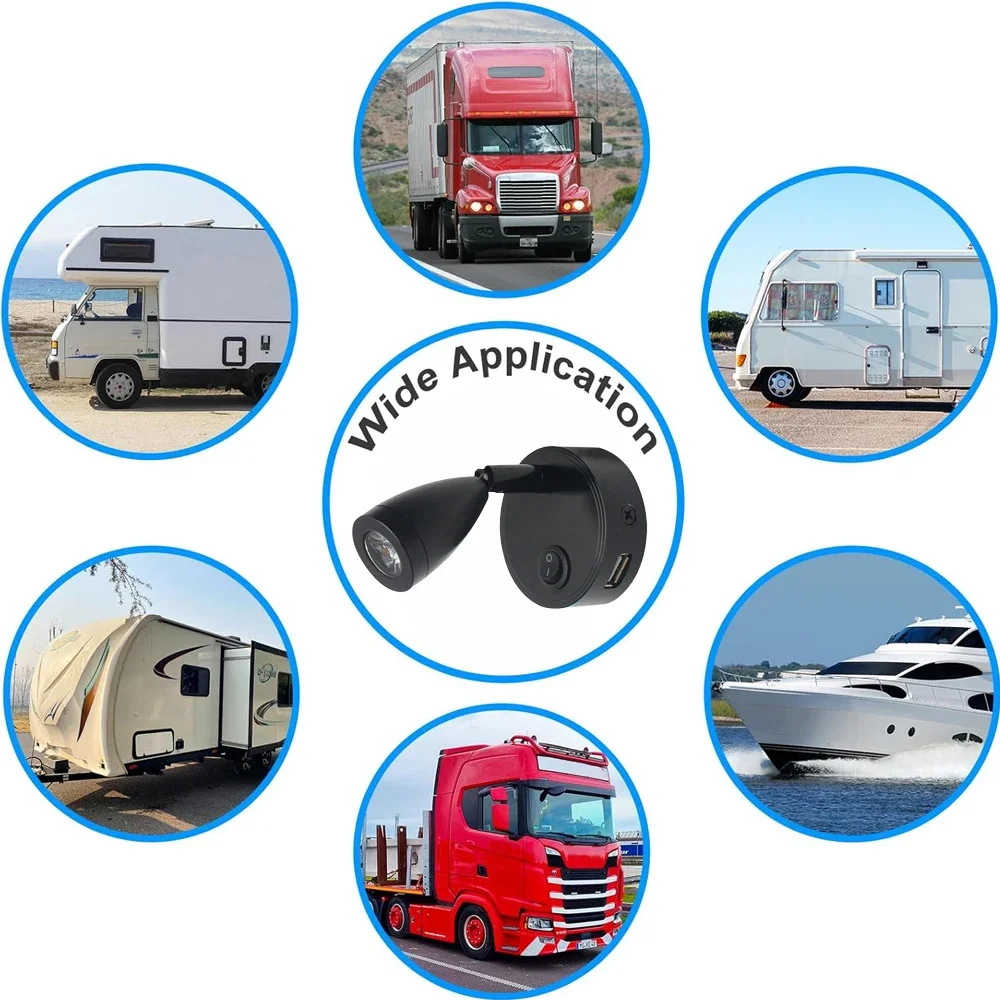 LED Reading Light DC12V 24V With Switch USB Charging Port Bedside Light Spotlight for Boat Yacht Caravan RV Camper Car Trailer
