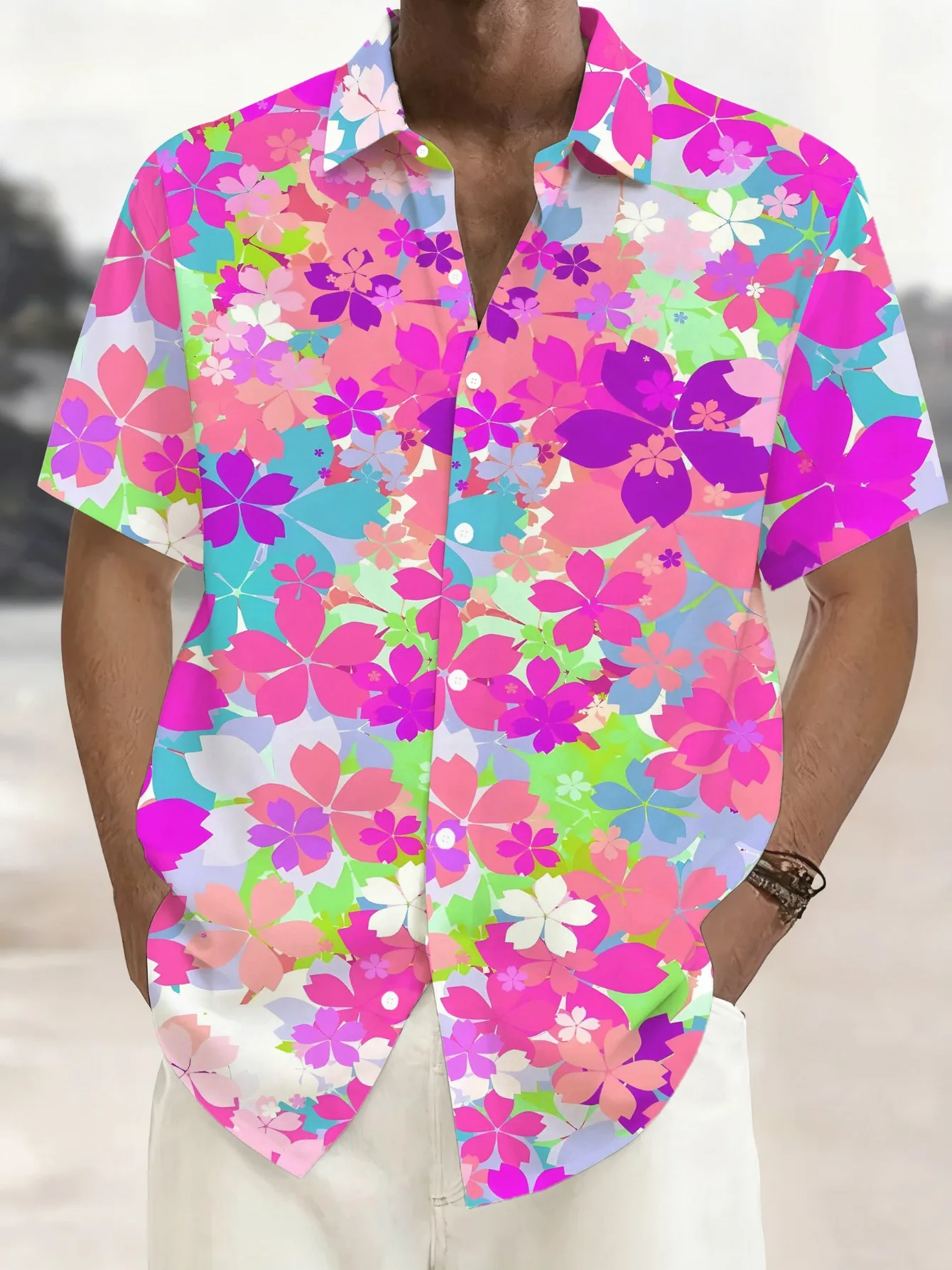 Men's Short Sleeve Shirt Vibrant Multicolor Cherry Blossom Floral Print Casual Beach Seaside Vacation Hawaiian Mens Clothing