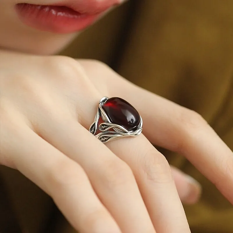 الفضة 925 خمر لف فرع خواتم للنساء الطبيعية Hotan اليشم البيضاوي الدائري زوجين موضة بسيطة مجوهرات هدية قابل للتعديل