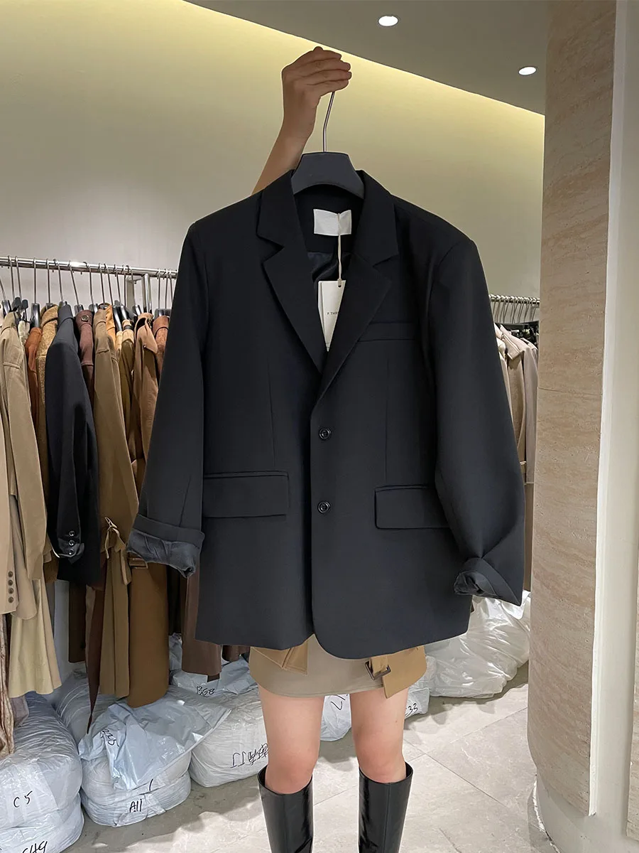 

Spring Retro Style Lapel Loose Single Breasted Black Casual Shoulder Pad Blazer