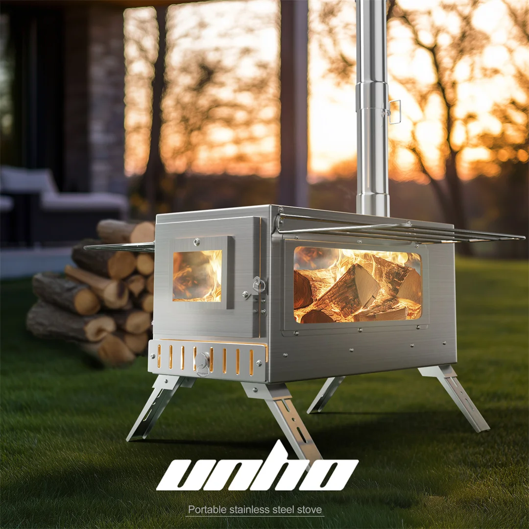 

Outdoor Camping Burning Stove Stainless Steel Hot Tent Wood Grill with 7 Chimney Pipes Winter Heating