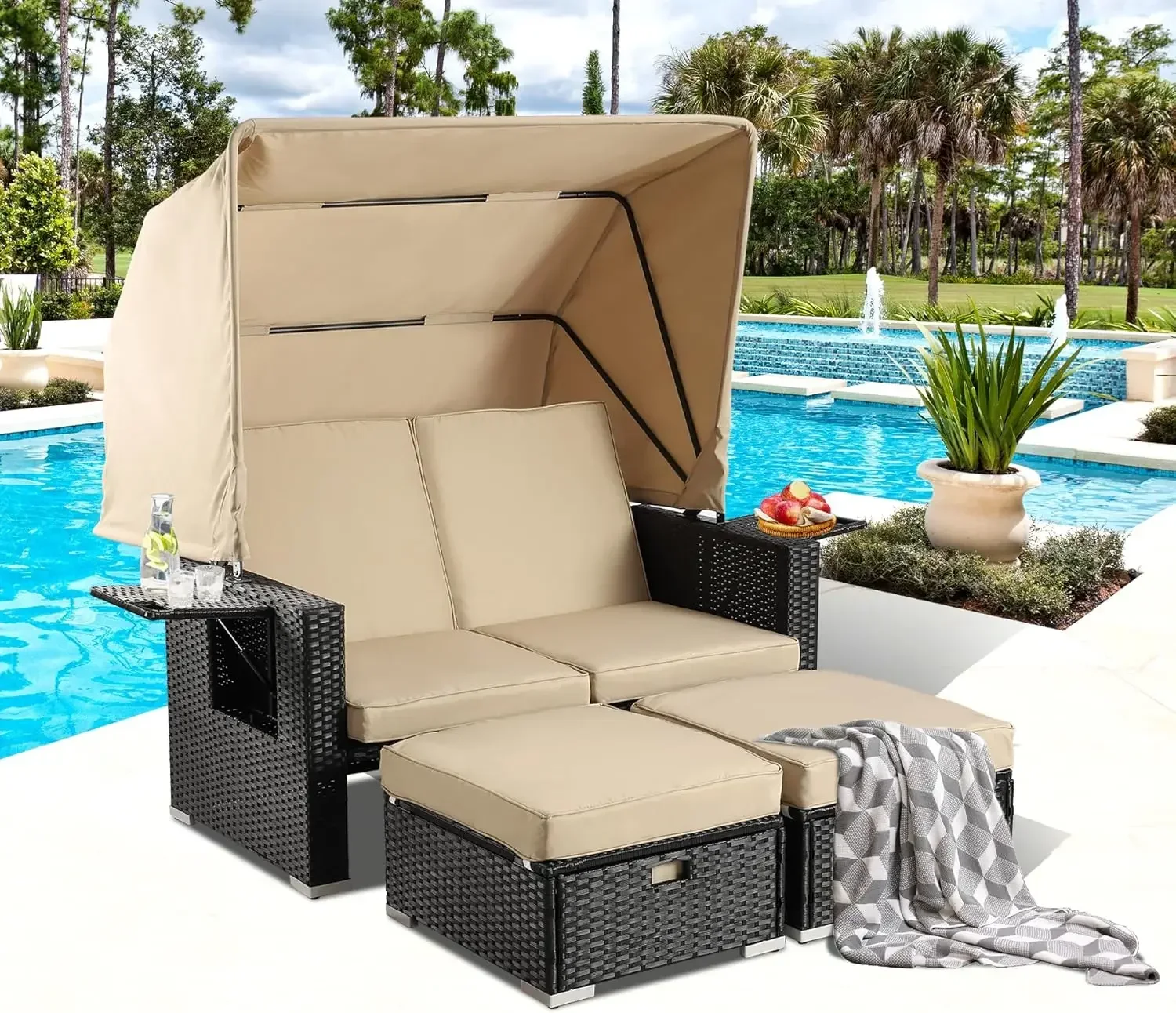 Sofas with Retractable Canopy, Outdoor Wicker Furniture Set , Patio Seating Chairs with Ottomans, Backrest for Backyard