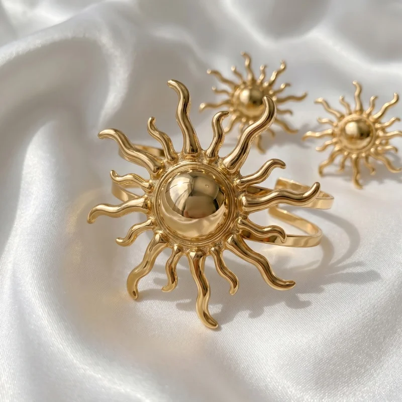 3 PCS Vintage Wavy Sun Ray Statement Jewelry Set Retro Gold Sunburst Earring Bracelet Ring Bohemian Trendy Accessory For Women view 2