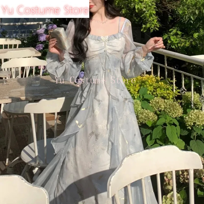 

Autumn French Print Fairy Long Dresses for Women Elegant Off Shoulder Ruffles A-Line Birthday Party Dress Vestidos Yu Costume