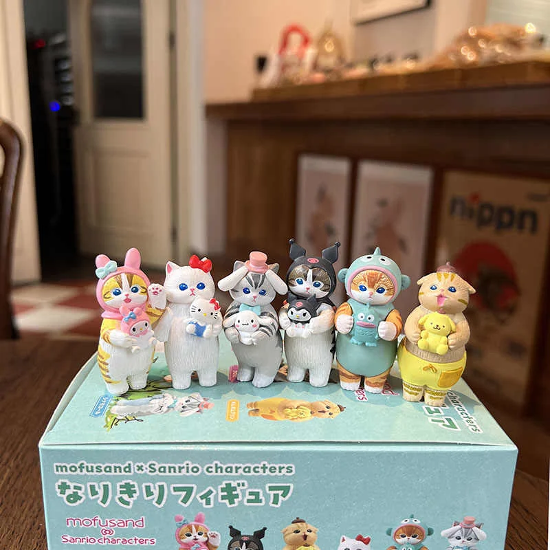 Figuras de Anime japonesas originales y genuinas, lindo Mofusand X Sanrio, Hello Kitty, Kuromi, gato, adorno para mascotas, modelo de juguete, regalo para niños