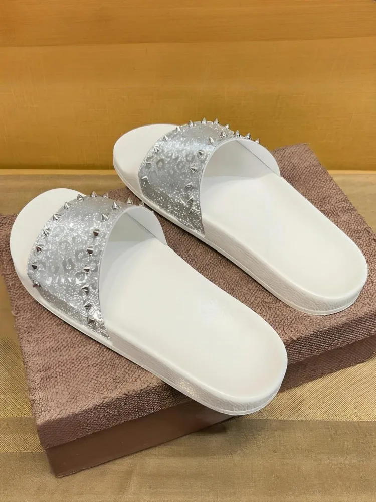 Trendy Men Summer Daily Wearing Outside Rivet Handmade Sandals Breathable Sequin Leopard Slips On Fashion Non-Slip Footwear