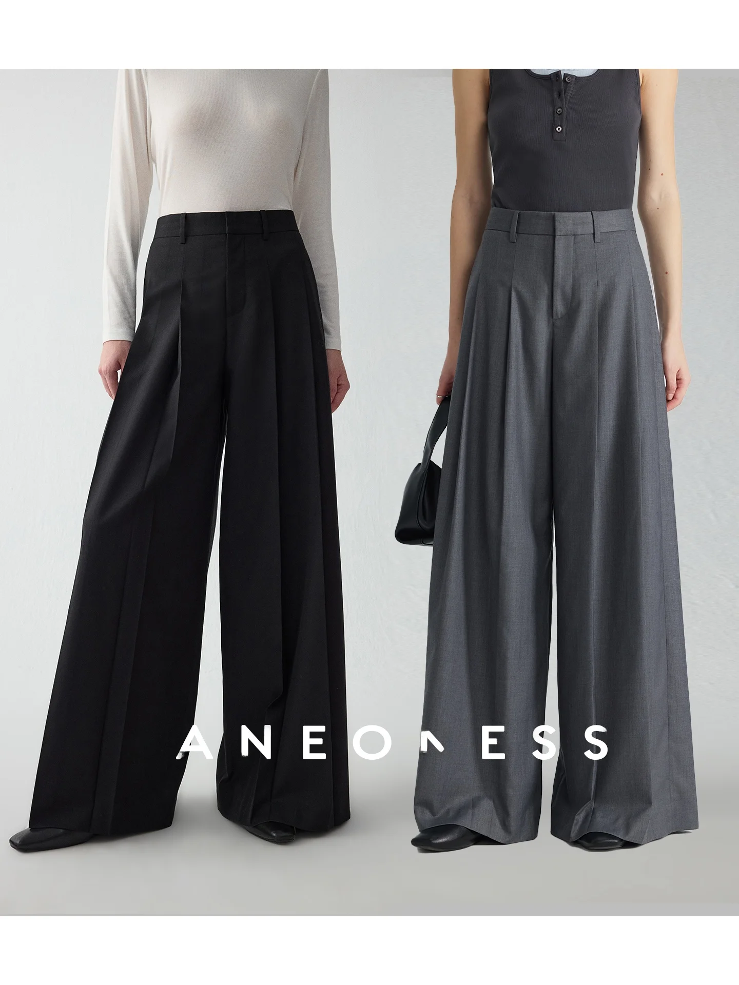 

Ele Commute High Waist Wide Leg Pants JANEON Pleated 3D Casual Trousers Draped Loose Fit Long Pants Polyester Fiber