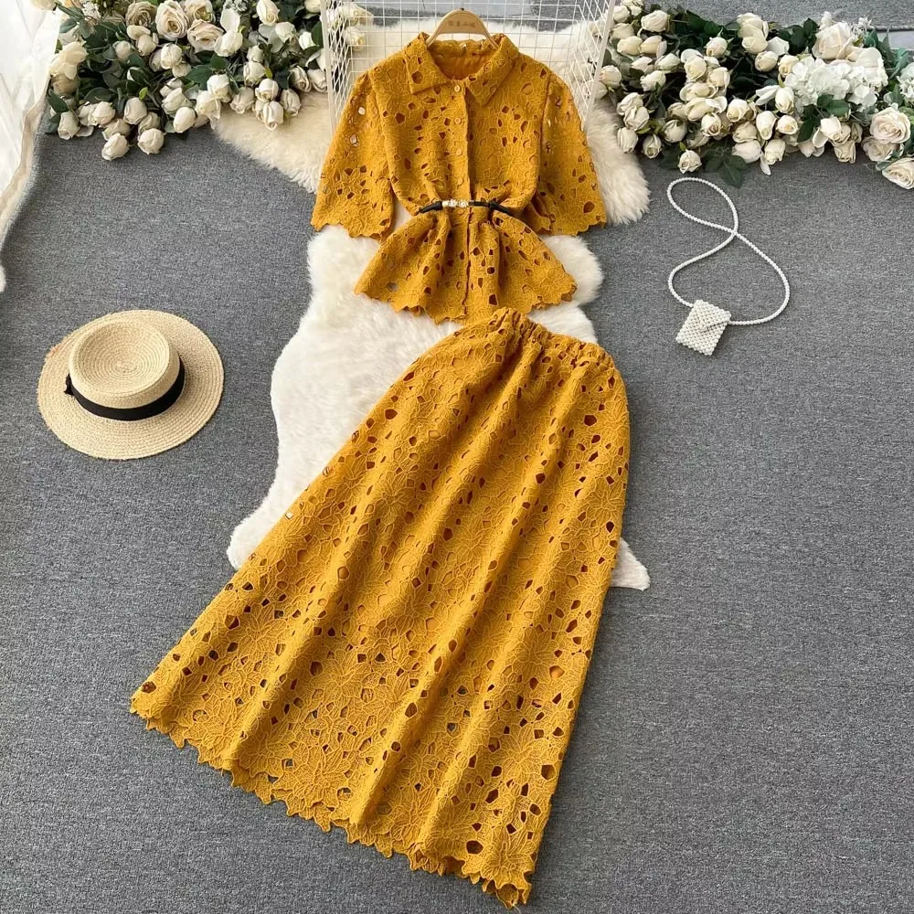 Hollow Out Hook Floral Sets Laple Neck Short Sleeve Shirts Blouse High Elastic Waist Pleated Skirts Moda Elegant Women Suit