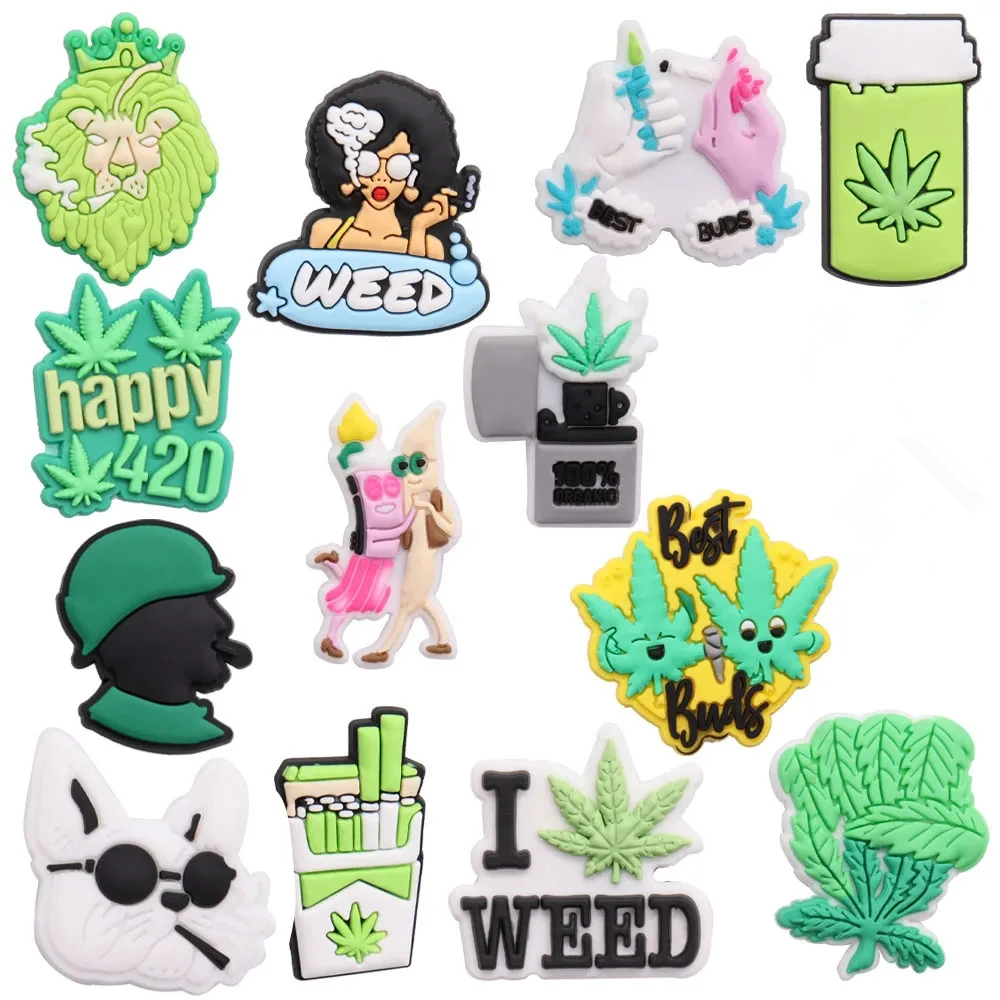 New 1pcs Weed Happy 420 Plant PVC Accessories Shoes Charms Cute Shoe Buckle Decorations fit Wristband Party Kid's Gifts