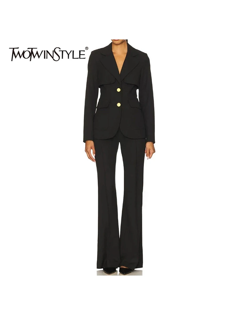 TWOTWINSTYLE Button Spliced Pocket Slimming Two Piece Set for Women Lapel Neck Long Sleeve Top High Waist Trousers Sets Female