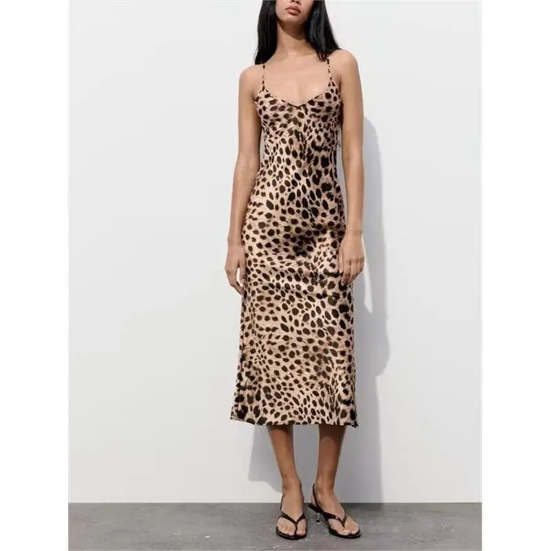 Été nouveau femmes imprimé léopard longue Dr Satin sensation sous-vêtements Sle Midi Dr Street Sle taille moyenne Svel a-ligne