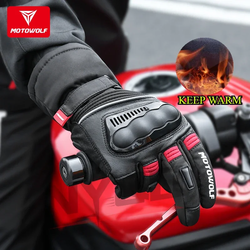 Motowolf Winter Motorcycle Thermal Gloves Men Waterproof Biker Gloves Fleece Windproof Motocross Gloves Leather Moto Equipment