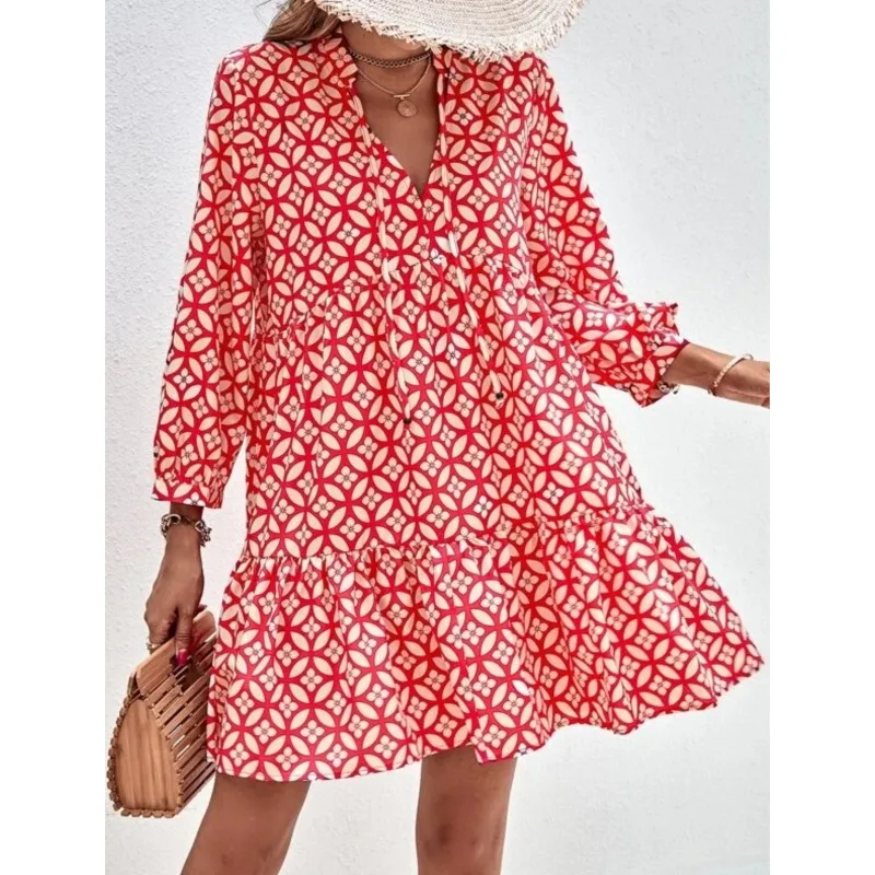 Casual Boho Holiday Clothing Floral Print Dress For Women V Neck Three-Quarters Sleeve Spring Autumn Elegant Party Dress Female