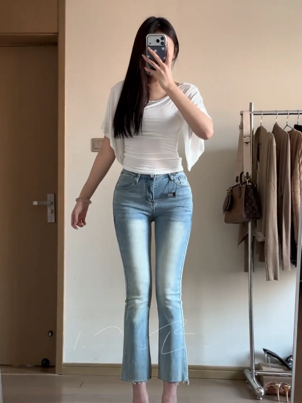 

Retro Light Blue High Waist Stretchy Slimming Washed Jeans Women's High Waist Cotton Stretch Denim Micro Flared Pants