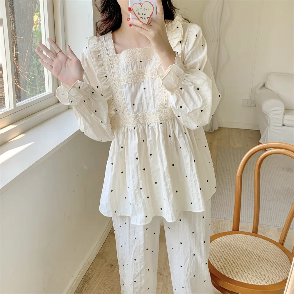 2 PCs/Set Spring Autumn Pure Cotton Postpartum Breastfeeding Lace Print Maternity Nursing Clothing Pregnant Women Pajamas Suit