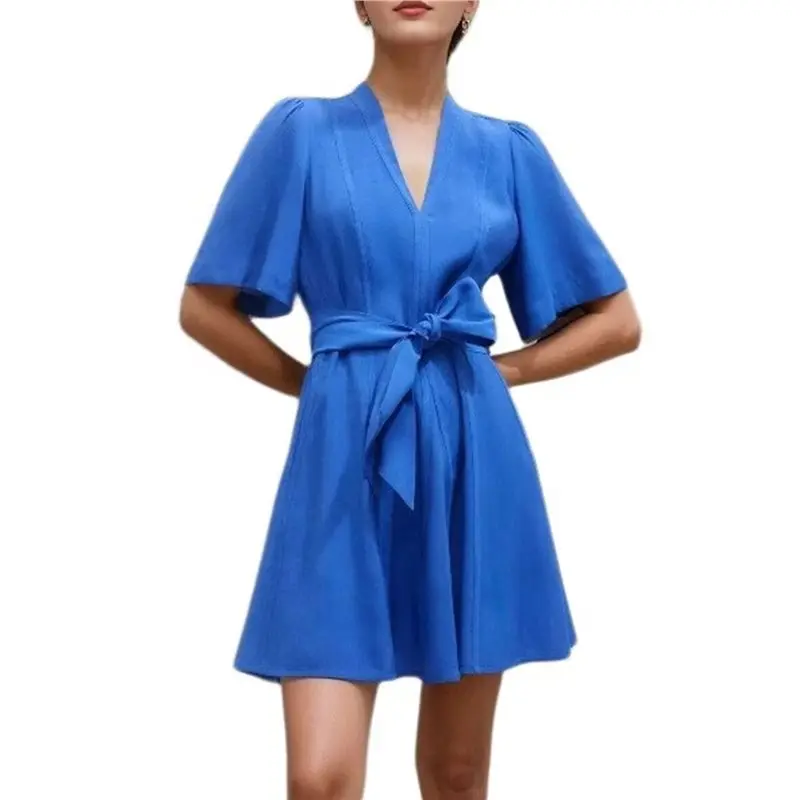

NEW-Women Summer Short Dress Casual V Neck Short Sleeve Tiered Mini Sun Dresses Vacation Sundress