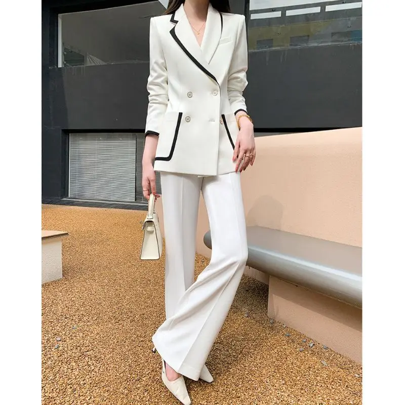 

New High Quality Autumn Formal Women's Suit Fashion Contrast Color Laple Long Sleeve Blazer Coat + Wide Leg Pants Two Piece Set