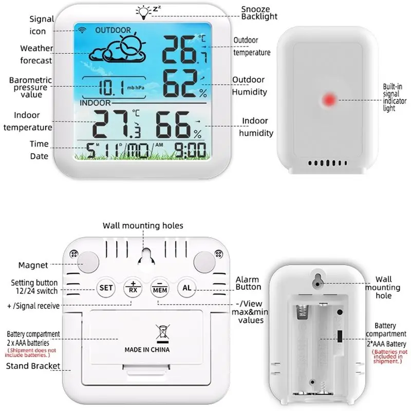 ABMH-Wireless Weather Clock Multifunctional With Color Display, Indoor/Outdoor Dual Temperature& Humidity Monitor