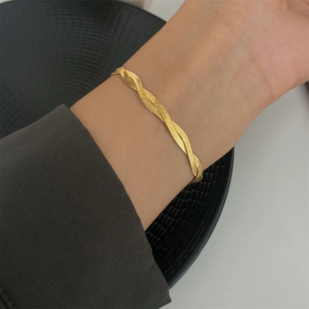 Punk-Armband mit flachen kubanischen Gliedern, 7 mm, goldfarben, Edelstahl, geflochten, für Damen und Herren, modischer Partyschmuck, Geschenk