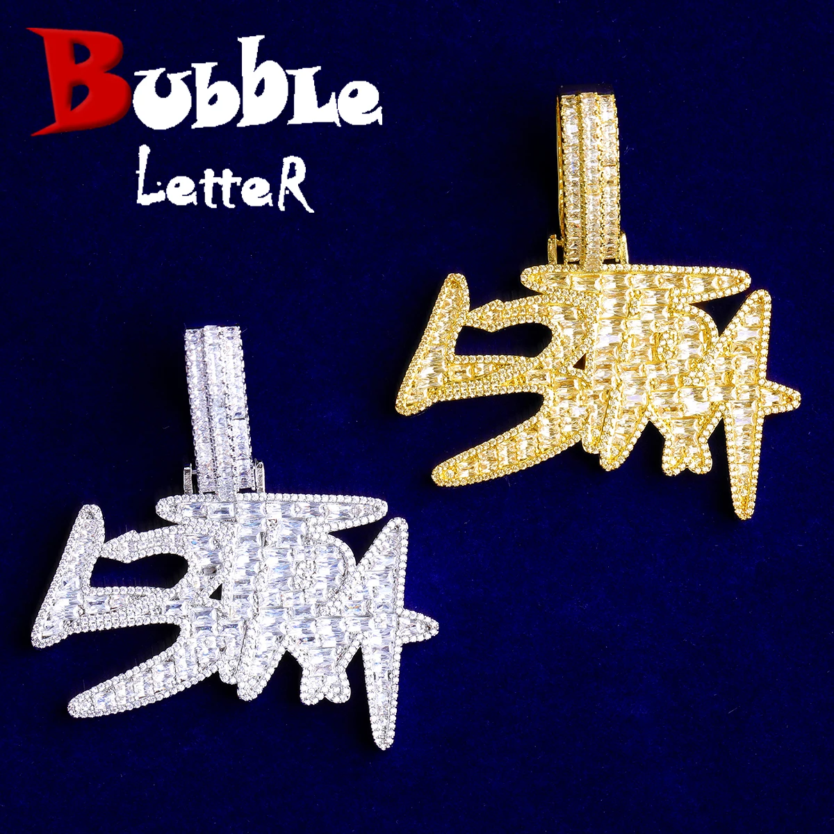 

Bubble Letter Iced Out Baguette L3TRA Necklace Pendant for Men Real Gold Plated 5A Cubic Zirconia Hip Hop Jewelry