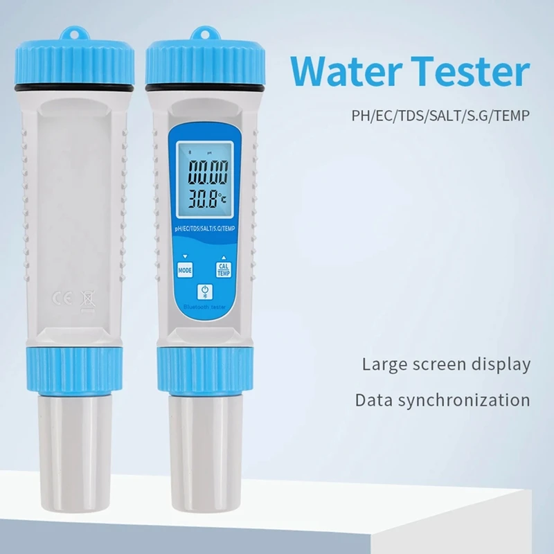 Bluetooth 6-In-1 TDS Meter Digital Water Tester EC TDS SALT SG Temperature PH Meter Aquarium Water Tester Easy Install