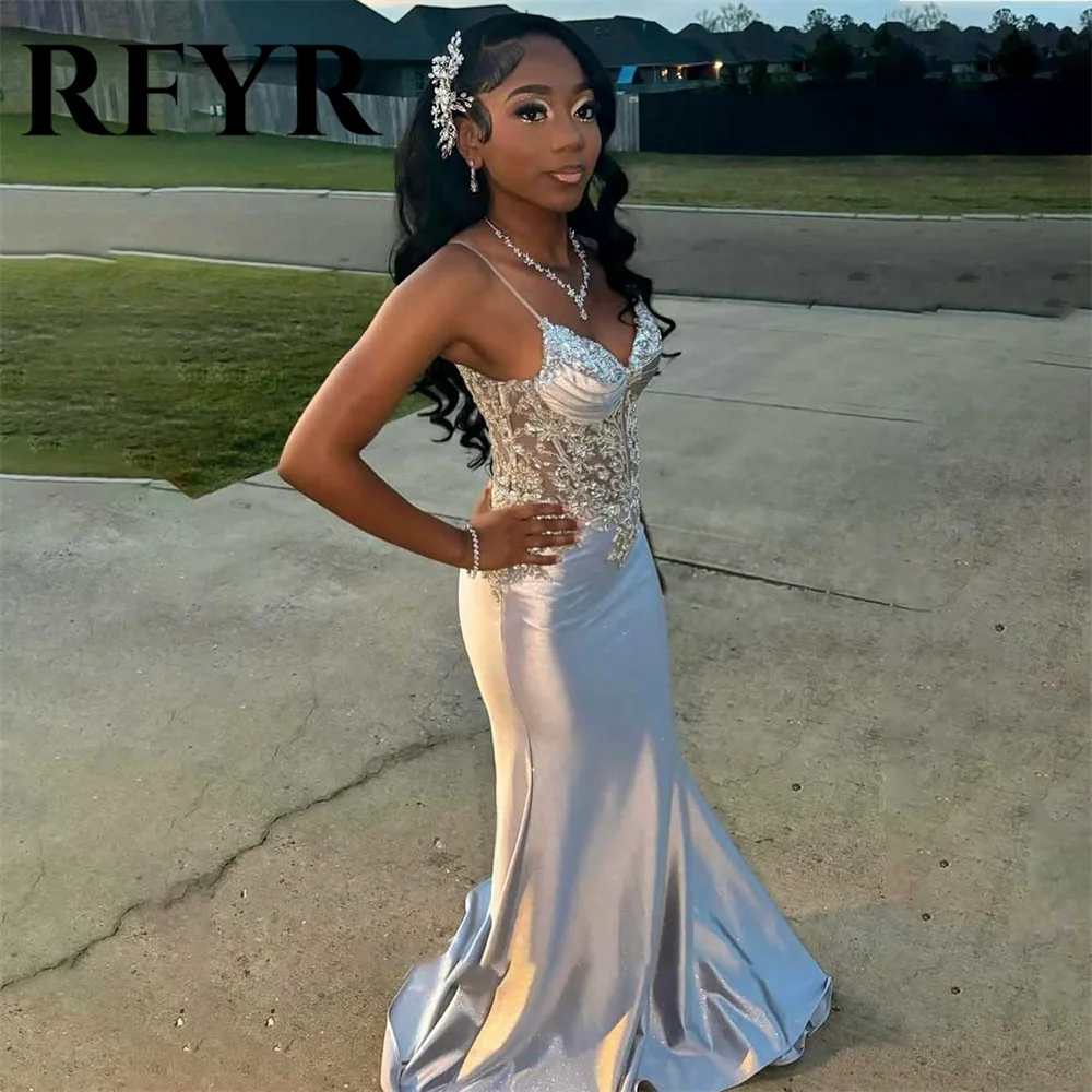 

RFYR Silver Prom Dresses V-Neck Trumpet Evening Dress Spaghetti Strap Satin Party Dresses with Pleats Floor-length فساتين سهرة