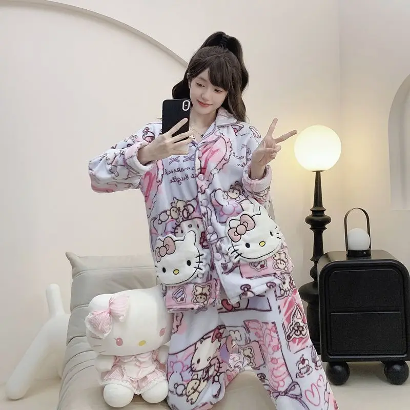 Kawaii Hello Kitty Long-Sleeved Tops Pajamas Girls Coral Velvet Pajamas Plus Velvet Thickened Flannel Sweet Casual Home Clothes