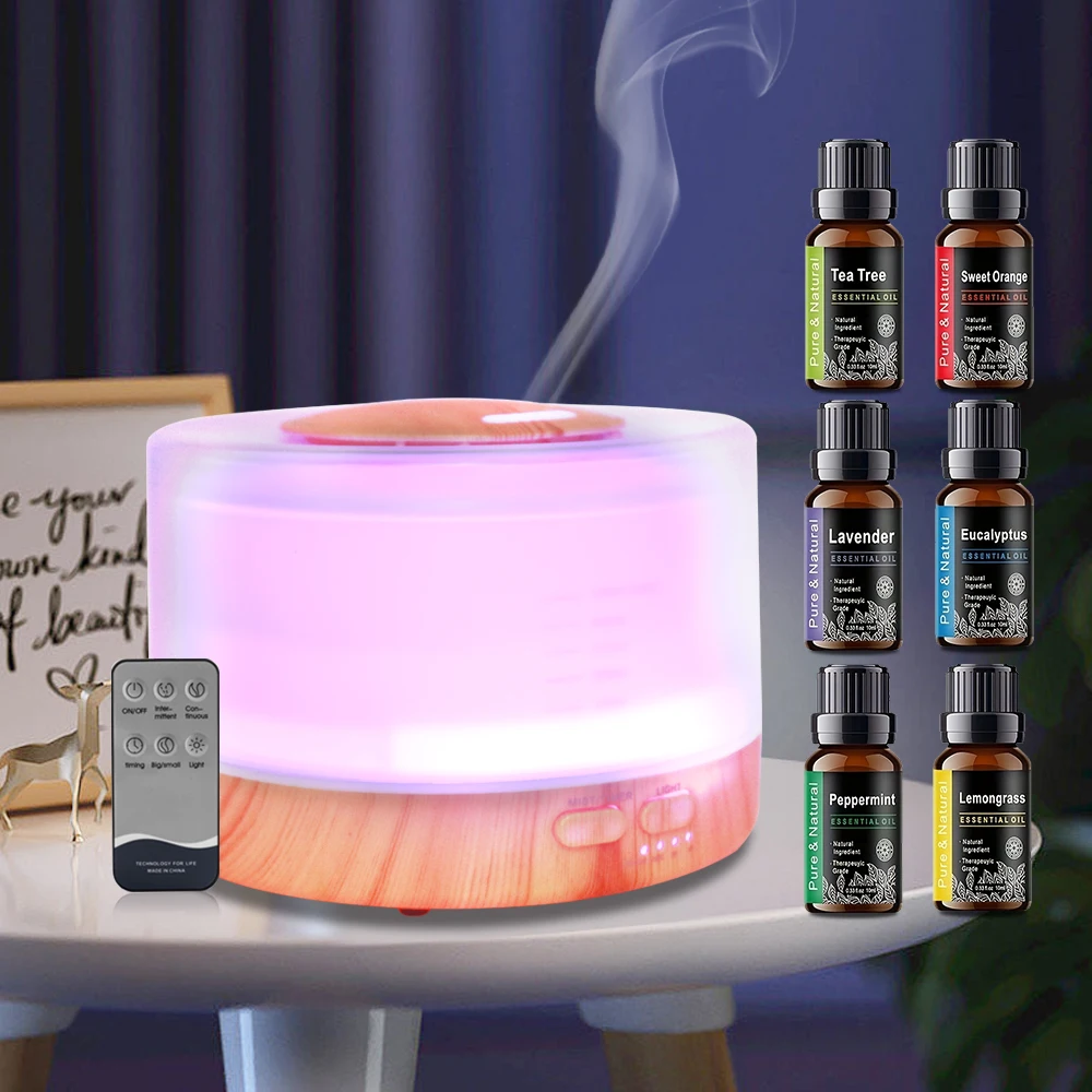 

500ml Ultrasonic Aromatherapy Diffuser Set with Auto Shut-Off Quiet 7-Color Mood Lights & 6 Essential Oils for Home Humidifier