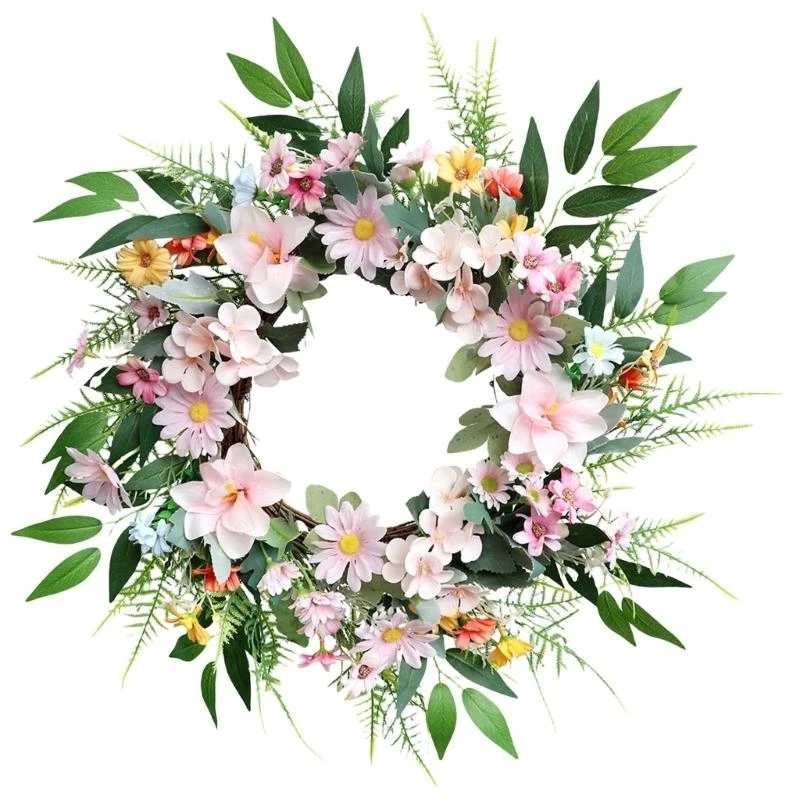 Artificial Flower Wreath with Leaves Spring Wreath Plant Decoration for Front Door Garden Indoor and Outdoor Decoration 15UB