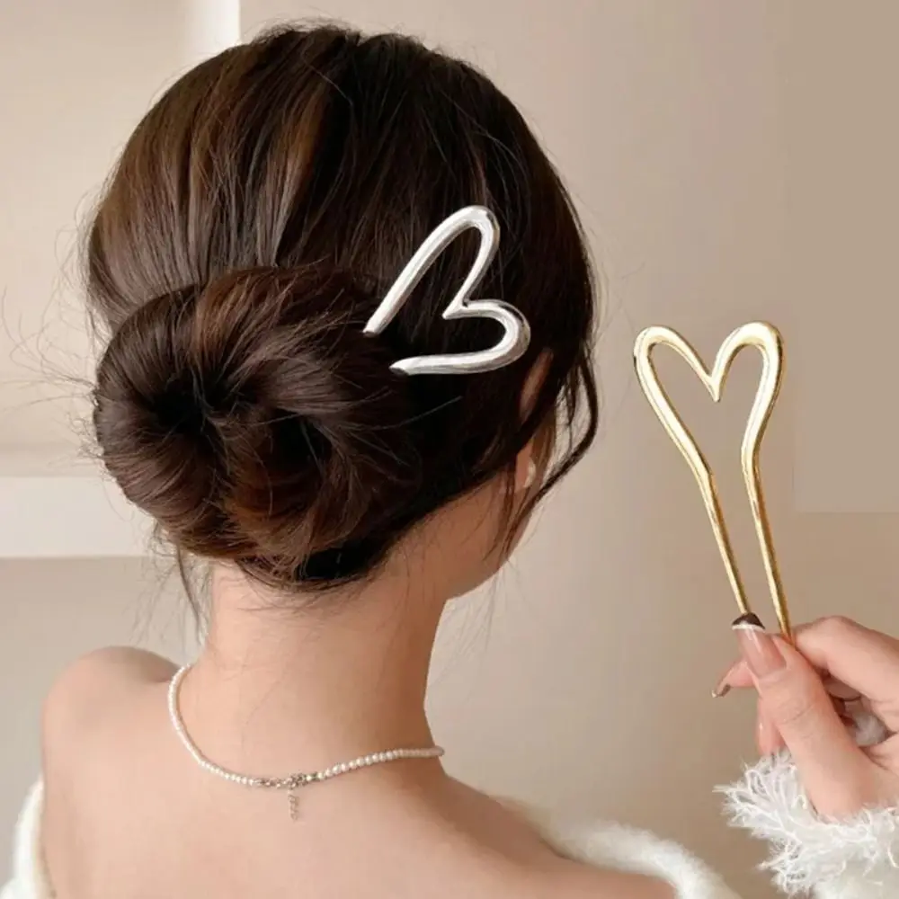 Elegant Alloy Heart Shape Hair Sticks Geometric Design Hair Styling Tools Hairpin U Shaped Hair Fork Daily Wear