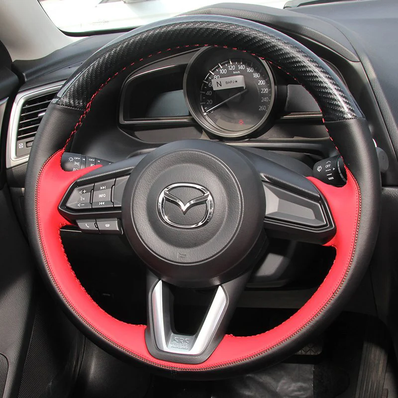 DIY Black Red Leather For Mazda 3 CX-4 Atenza CX-5 CX-8 CX-30 Axela Premacy Car Steering Wheel Cover Auto Interior Accessories