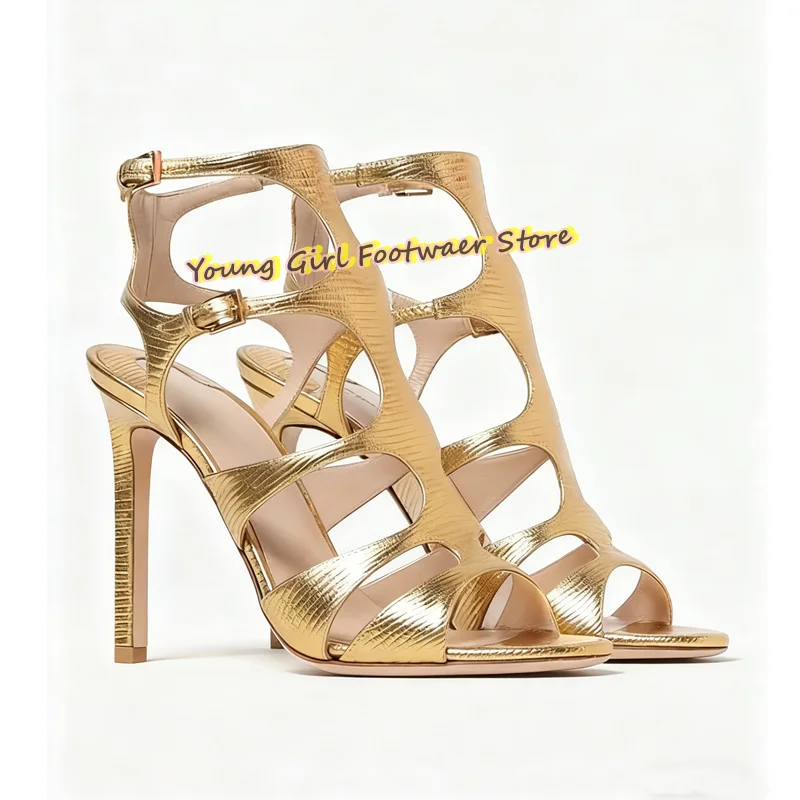

Crocodile Pattern Single Buckle Strap Roman Sandals Round Head Stilettos Yellow Sandals Summer Women's luxury high Heels