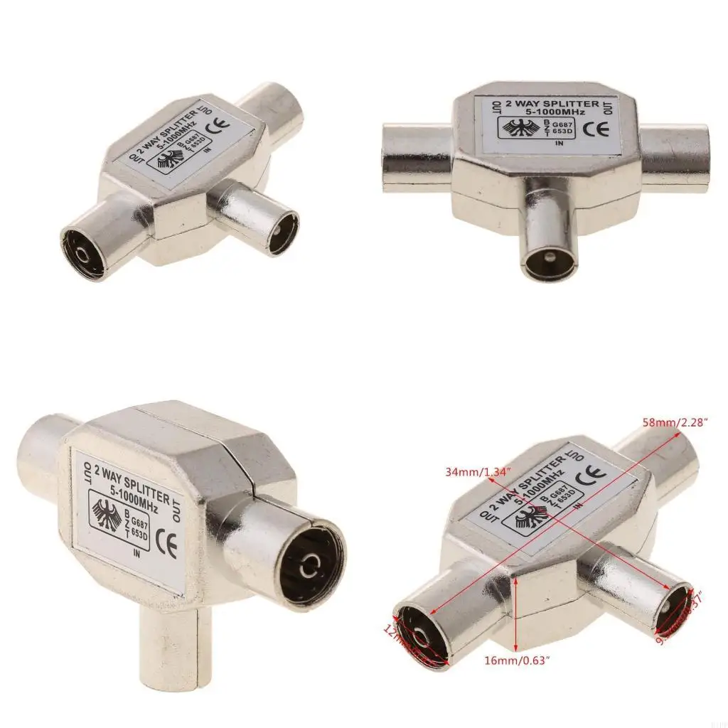 E1PF 2 Way for T Splitter1x Male to 2 x Female Metal COAX Coaxial Aerial Adapter