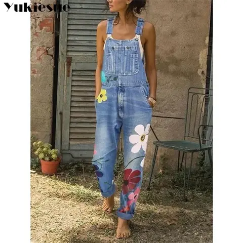 꽃무늬 프린트 민소매 점프수트 청바지, 섹시한 바디수트, 데님 오버올, 롬퍼, 소녀 바지, 엄마 청바지, 숙녀, 신상