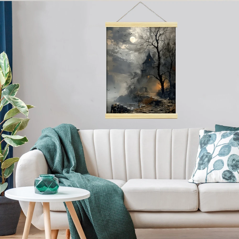 1pc 2D Flat Modern Abstract Vase and Plants Scroll Hanging Canvas Painting Poster Hanger Wall Art,Wood Framed Wall Hanging Decor