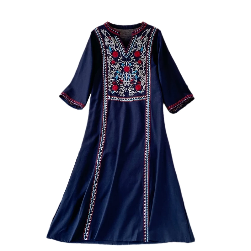 Vestido de Praia de Manga Longa com Decote em V, Estilo Slimming, Cintura Alta, Saia em A com Bordado, Vestido de Verão Estil...